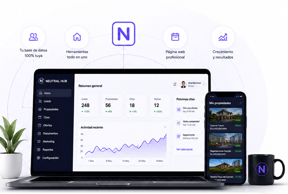 Dashboard de Neutral Hub en laptop y celular
